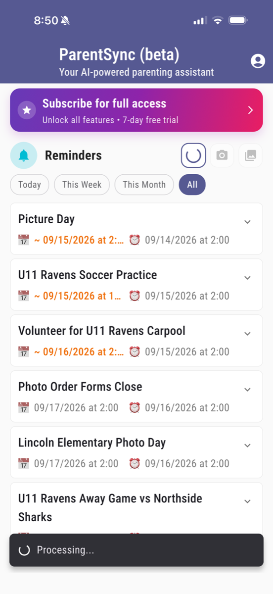 ParentSync home screen: the reminders list while a new capture is processing