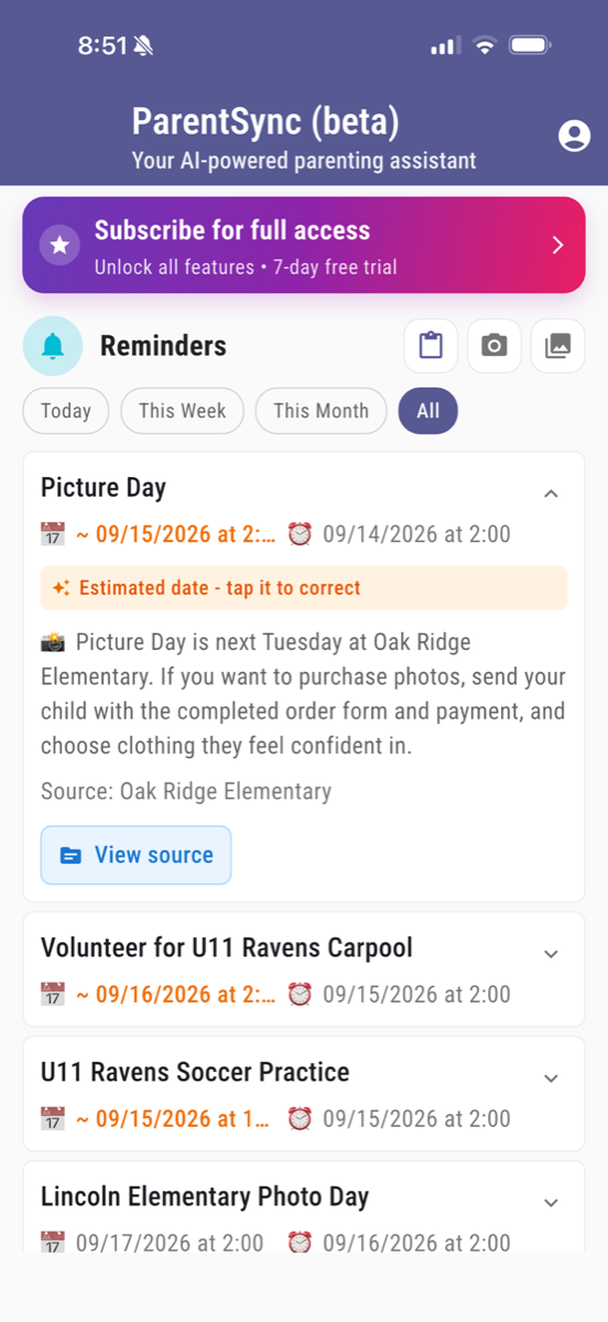 An expanded reminder card flagging its estimated date with a tap-to-correct banner