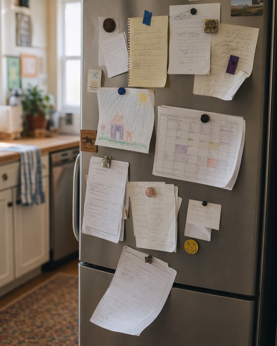 A fridge door covered in pinned notices, a timetable and a child's drawing
