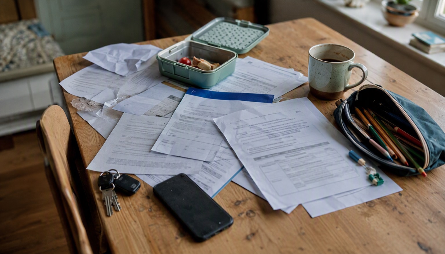 A kitchen table covered in crumpled school notices, a lunchbox and keys