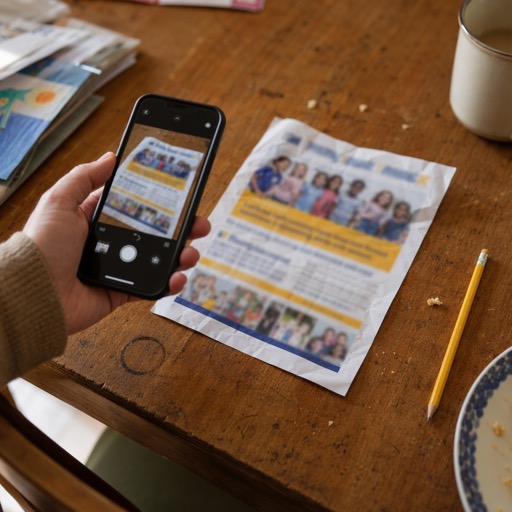 A hand holding a phone over a crumpled school flyer on a kitchen table