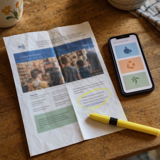 A school flyer circled in yellow highlighter, beside a phone showing new reminder cards