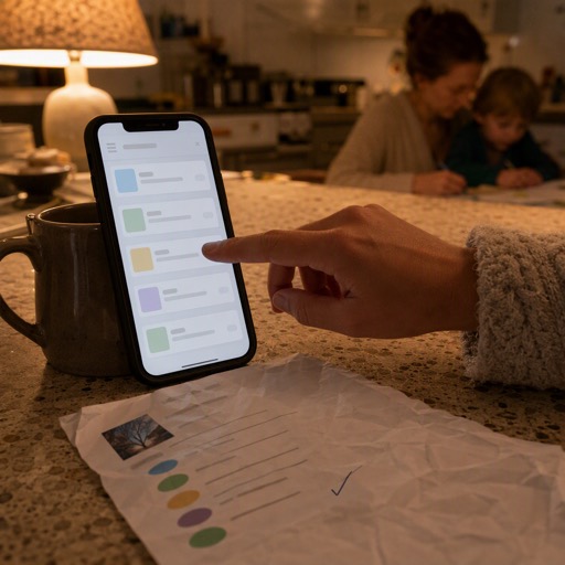 In the evening, a finger confirms a reminder on a phone propped against a mug