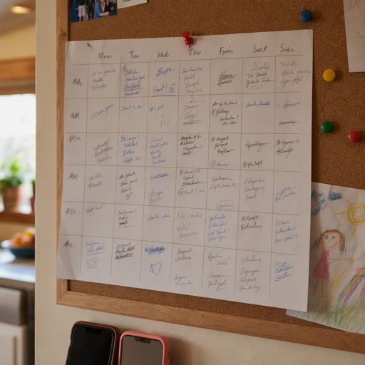 A handwritten family week pinned to a cork board, with two phones at the edge